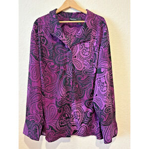 Maggie Barnes Button Up Shirt Size 4X Black Purple Paisley Boho Stretch Career